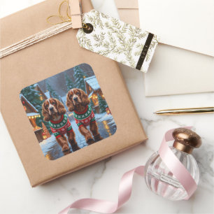 Sticker Carré Chiens Cocker Spaniel Noël Neige Fêtes