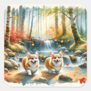 Sticker Carré Chiens De Corgi Dans Un Flux De Bois Aux Couleurs 