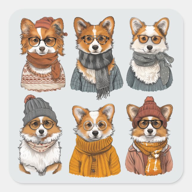 Sticker Carré Chiens de Corgi gallois branchés (Devant)