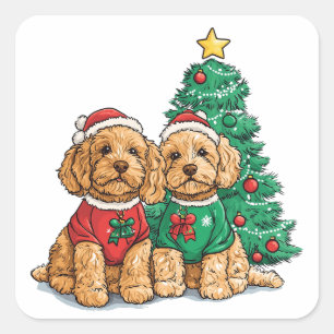 Sticker Carré Chiens de Noël Goldendoodle