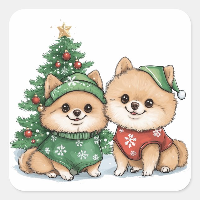 Sticker Carré Chiens de Noël Poméraniens (Devant)