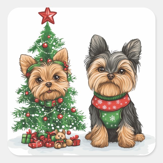 Sticker Carré Chiens de Noël Yorkie (Devant)