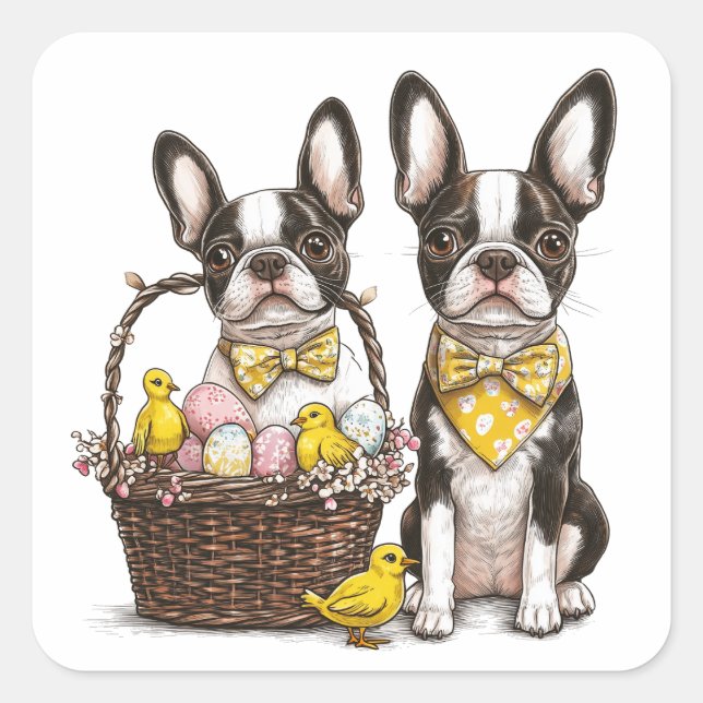 Sticker Carré Chiens de Pâques Boston Terrier (Devant)