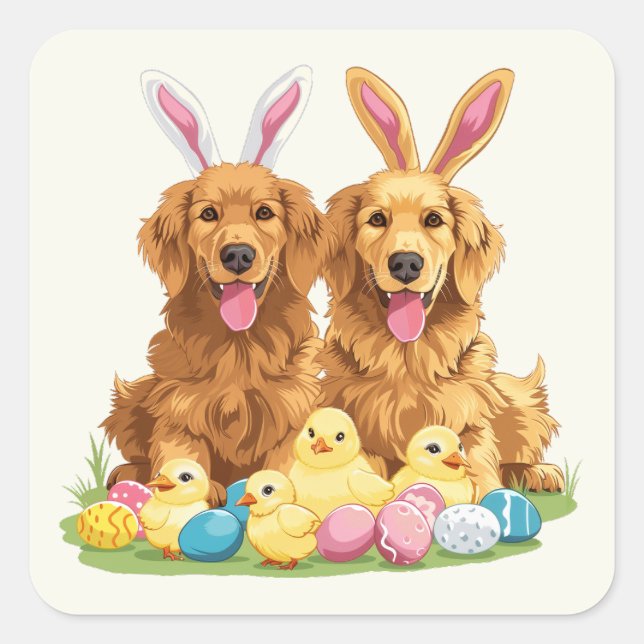 Sticker Carré Chiens de Pâques Golden Retriever Chiens Bunny Ore (Devant)