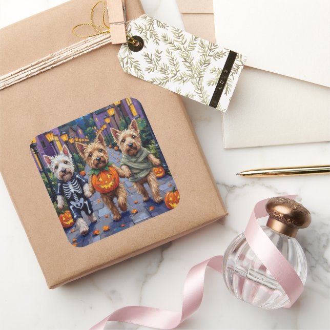 Sticker Carré Chiens De Terrier Roue En Cotumes D'Halloween (Cadeaux)