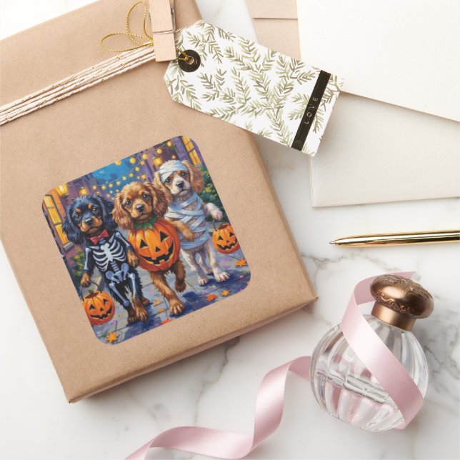 Sticker Carré Chiens Espagnols Tibétains En Costumes D'Halloween (Cadeaux)