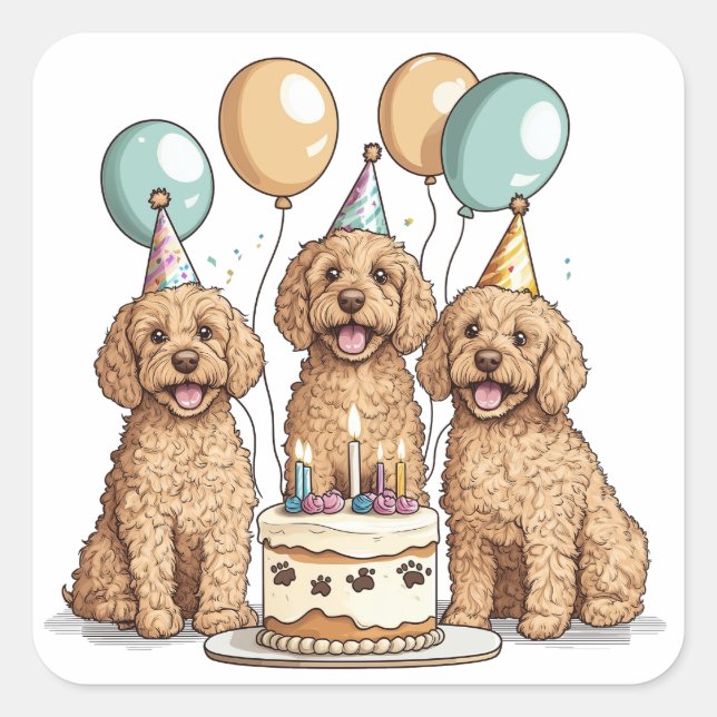 Sticker Carré Chiens Goldendoodle d'anniversaire (Devant)