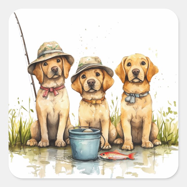 Sticker Carré Chiens Labrador Retriever à la pêche (Devant)
