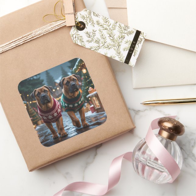 Sticker Carré Chiens Mastiff Tibétains Noël Neige Vacances (Cadeaux)