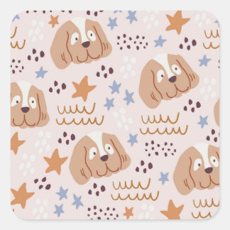 Sticker Carré Chiens mignons, étoiles, lignes : vintage sans sou