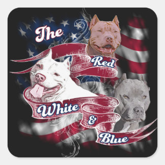 Sticker Carré Chiens Pitbull rouges, blancs et bleus