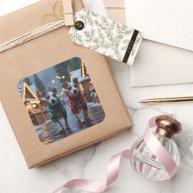 Sticker Carré Chiens Rat Terrier Noël Neige Fêtes (Cadeaux)