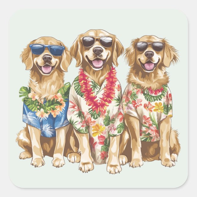 Sticker Carré Chiens Retriever Dorés Hawaïens Fleur Lei (Devant)
