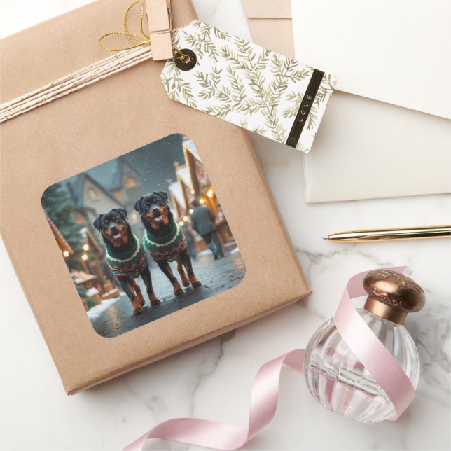 Sticker Carré Chiens Rottweiler Noël Neige Fêtes (Cadeaux)