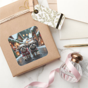 Sticker Carré Chiens Shih Tzu Noël Neige Fêtes