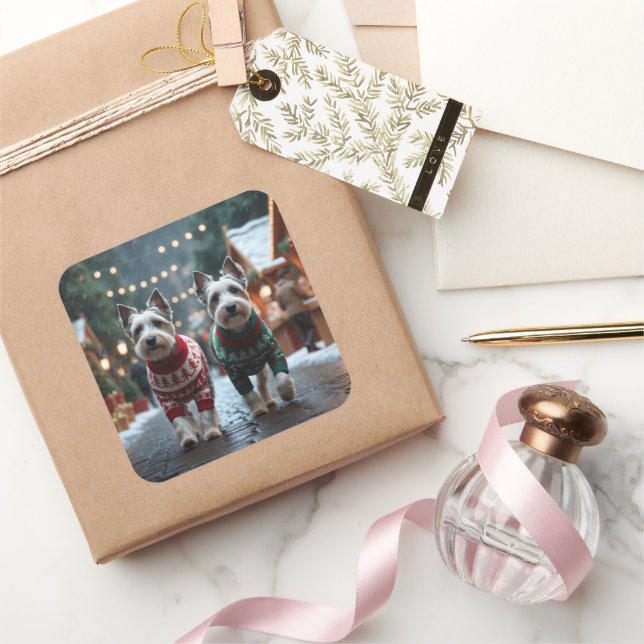 Sticker Carré Chiens Skye Terrier Noël Neige Fêtes  (Cadeaux)