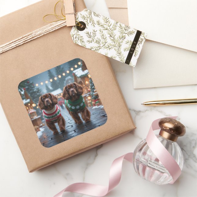 Sticker Carré Chiens Spaniel Tibétains Noël Neige Fêtes (Cadeaux)