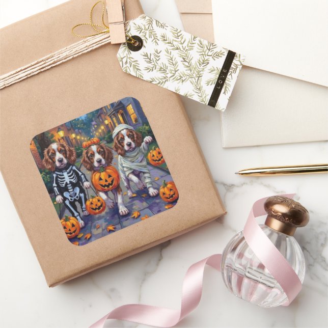 Sticker Carré Chiens Springer Spaniel en costumes d'Halloween (Cadeaux)