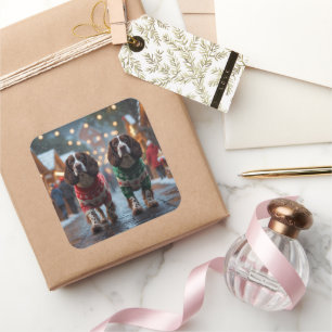 Sticker Carré Chiens Springer Spaniel Noël Neige Fêtes