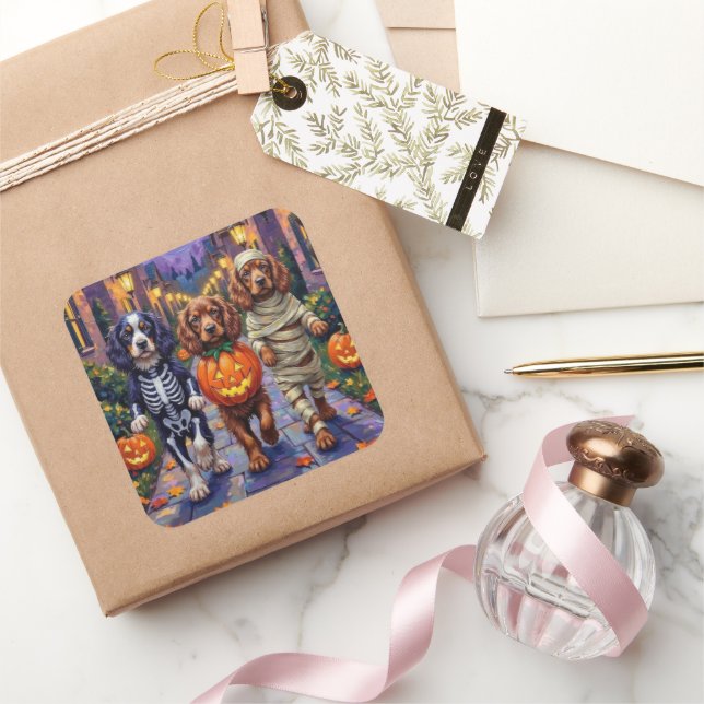 Sticker Carré Chiens Sussex Spaniel en costumes d'Halloween (Cadeaux)