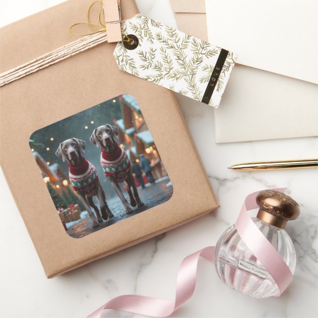 Sticker Carré Chiens Weimaraner Noël Neige Fêtes (Cadeaux)