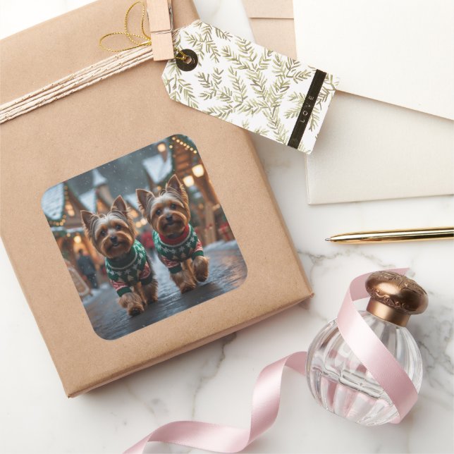 Sticker Carré Chiens Yorkshire Terrier Noël Neige Fêtes  (Cadeaux)