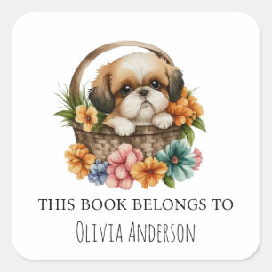Sticker Carré Chih Tzu chiot dans le panier à fleurs Ce livre ap