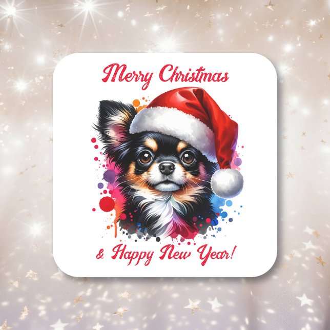 Sticker Carré Chihuahua Chien à Santa Hat Noël (Créateur téléchargé)