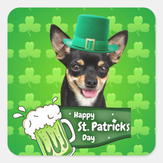 Sticker Carré Chihuahua Chien Chiot Chiot St. Patrick's Day Clov (Devant)