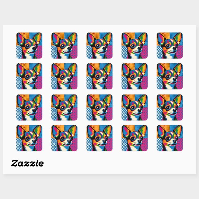 Sticker Carré Chihuahua, Colorful Pop Art Style, (Feuille)
