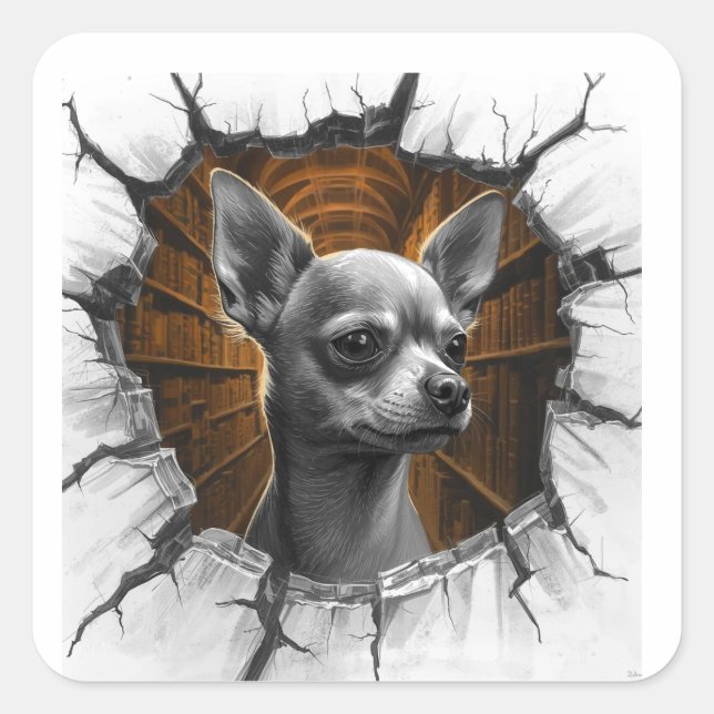 Sticker Carré Chihuahua Peers Through A Grey Wooden Wall (Devant)