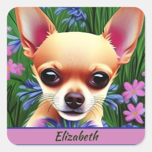 Sticker Carré Chihuahua Puppy dans la prairie de fleurs Personna