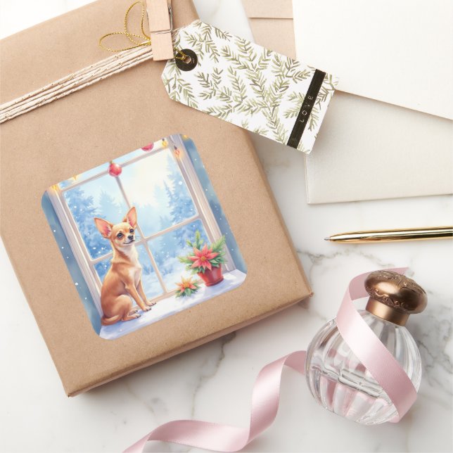 Sticker Carré Chihuahua Snowy Windowsill Holiday Christmas Art (Cadeaux)