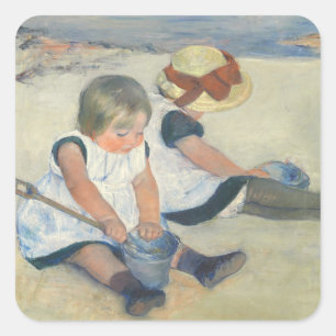 Sticker Carré Children Playing on the Beach