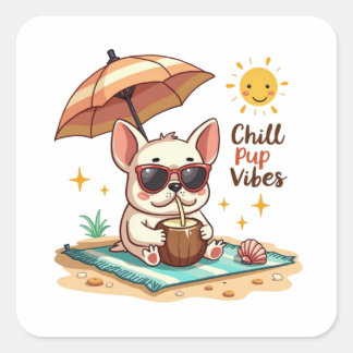 Sticker Carré Chill Pup Vibes Kawaii Bulldog Beach