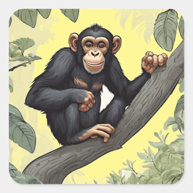 Sticker Carré Chimpanzé mignon sur la branche accueille (Devant)