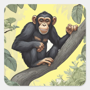 Sticker Carré Chimpanzé mignon sur la branche accueille