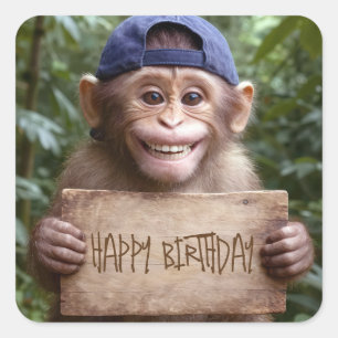 Sticker Carré Chimpanzé tenant un panneau Joyeux Anniversaire