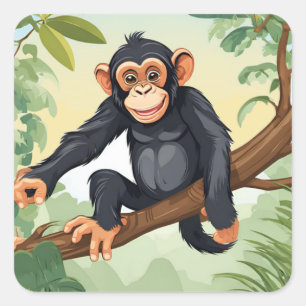 Sticker Carré Chimpanzée avec sa mignonne queue sur la branche s