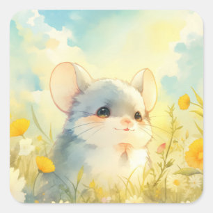 Sticker Carré Chinchilla Joyeux Coup d'Œil sur les Fleurs Sauvag