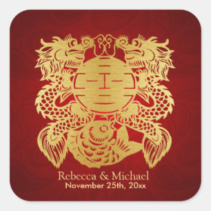 Sticker Carré Chine Double bonheur avec Dragons