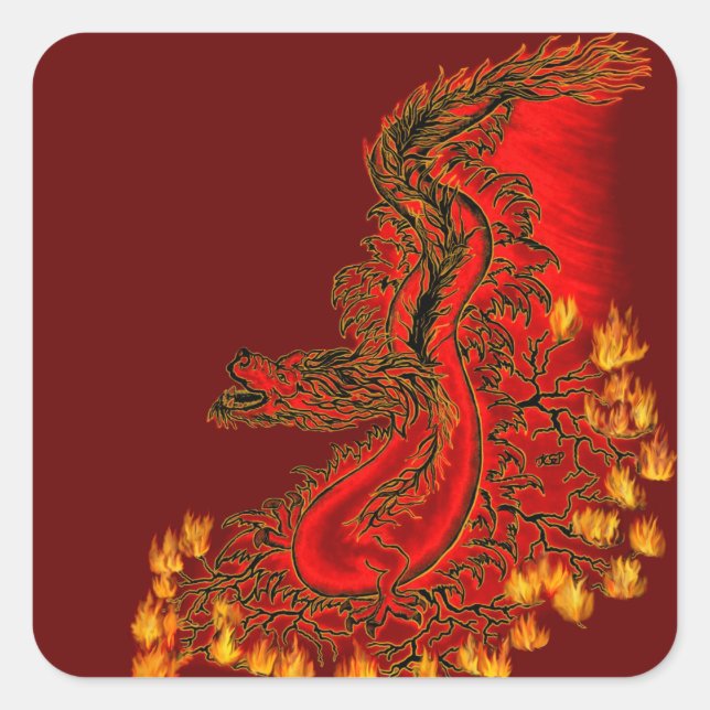 Sticker Carré Chine Dragon rouge et or design (Devant)