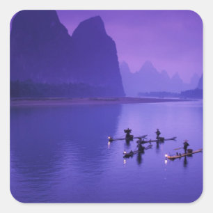 Sticker Carré Chine, rivière Li. Pêcheurs aux cormorans.