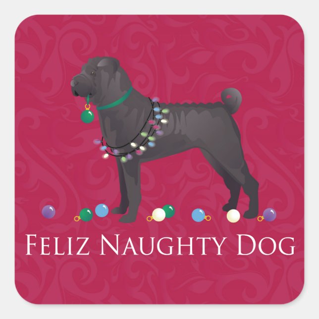 Sticker Carré Chinois Shar Pei Feliz Naughty Chien Noël Concepti (Devant)