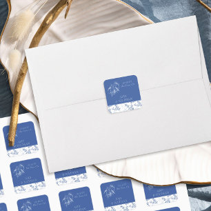 Sticker Carré Chinoiserie Bleu Élégant Mariage Floral