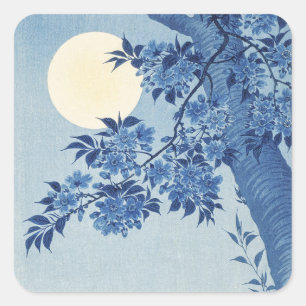 Sticker Carré Chinoiserie Bleu marine Fleur de cerisier & Pleine
