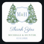 Sticker Carré Chinoiserie Chic Christmas Tree Mariage Logo Favor<br><div class="desc">Parfait pour un mariage chic de Noël, ce modèle classique d'autocollant de remerciement ou de bienvenue présente un monogramme simple et élégant de couple avec un arbre de Noël stylisé de chaque côté. L'arbre est décoré de billes de chinoiserie bleues et blanches. Les éléments d'aquarelle ont été peints à la...</div>