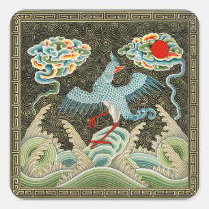 Sticker Carré Chinoiserie Motif d'oiseau de grue dorée et de vag