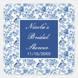 Sticker Carré Chinoiserie Oiseaux bleus et Fleurs Baby Shower
