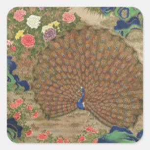 Sticker Carré Chinoiserie Paon Bleu avec Jardin de Fleurs Exotiq